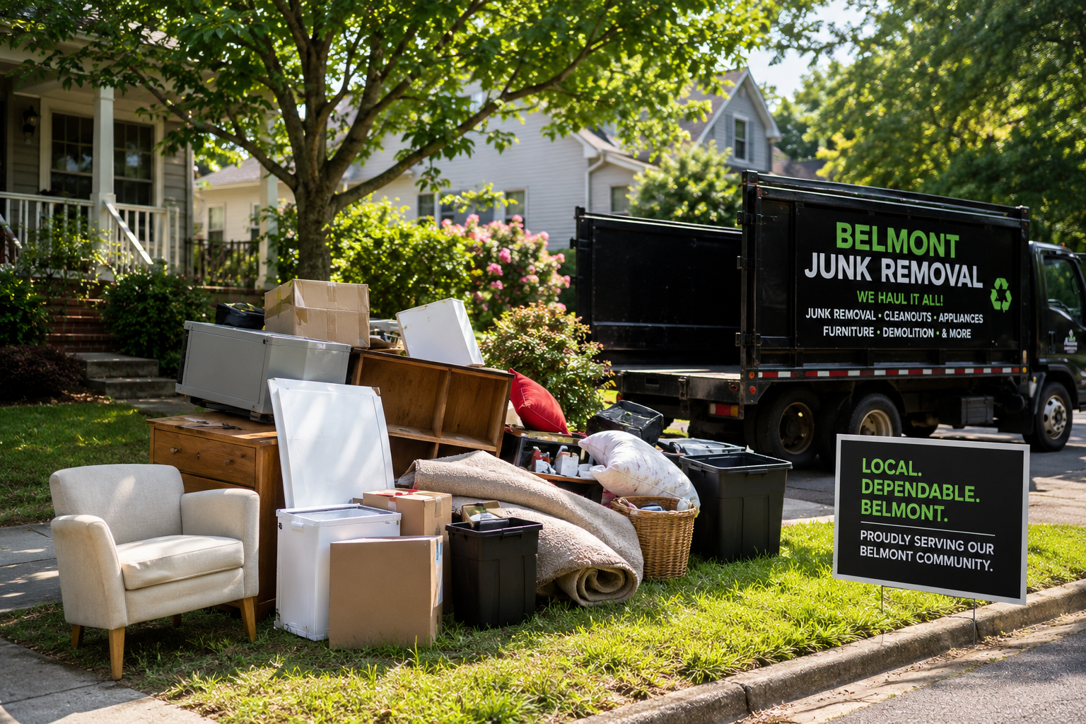 Household furniture, boxes, and belongings ready for junk removal in Belmont Charlottesville VA