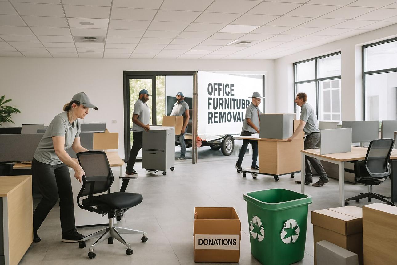 Commercial junk removal team clearing office furniture from a Downtown Charlottesville business.