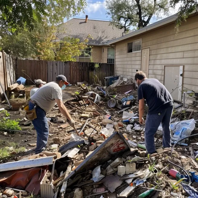 Junk removal crew clearing debris and unwanted items from a residential property in Crozet, Virginia.