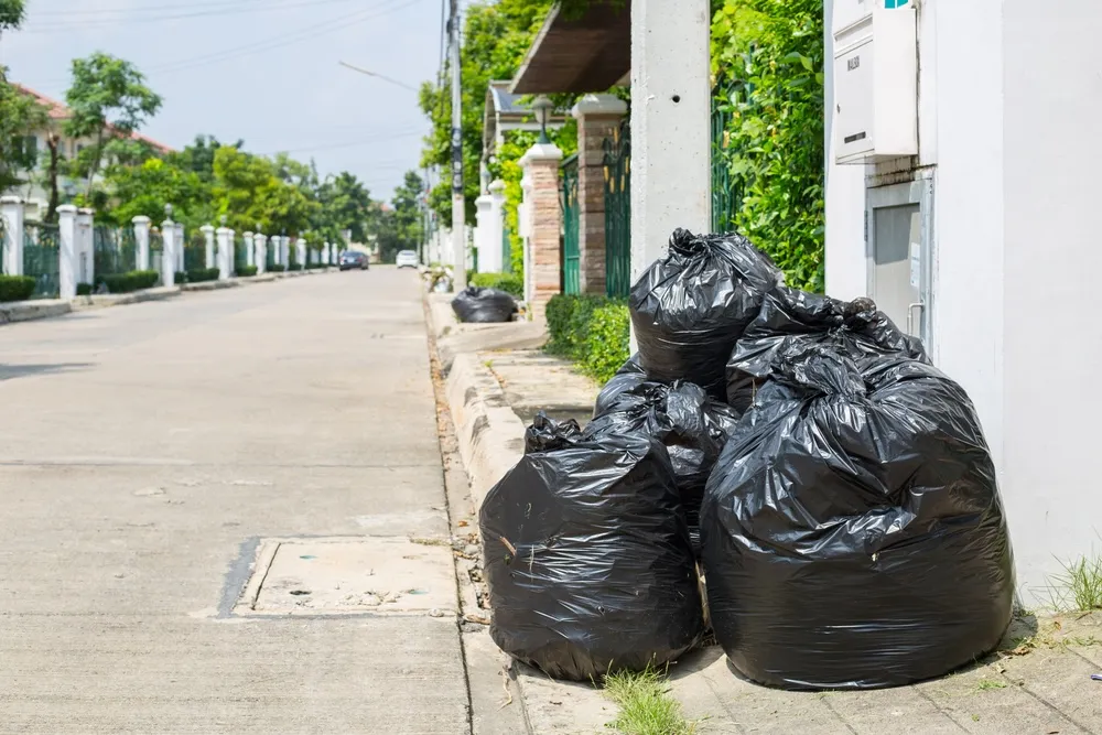 Bagged household junk placed at the curb for residential junk removal service in Crozet, Virginia.