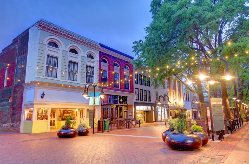 Historic Downtown Charlottesville, Virginia, where local junk removal services are provided to homes and businesses.
